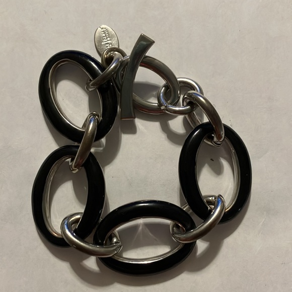 White House Black Market Necklace & Bracelet Silver & Black Enamel Chunky Link - Picture 4 of 4